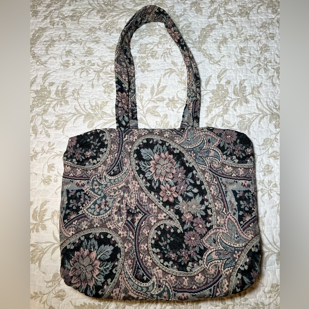 Vintage 90s Floral Tapestry Carpet Tote Bag Handbag Cottagecore Grannycore - Picture 10 of 13